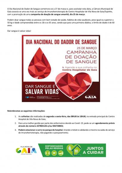 Campanha de doação de sangue dia 25 de março no Centro Hospitalar de Vila Nova de Gaia/Espinho
